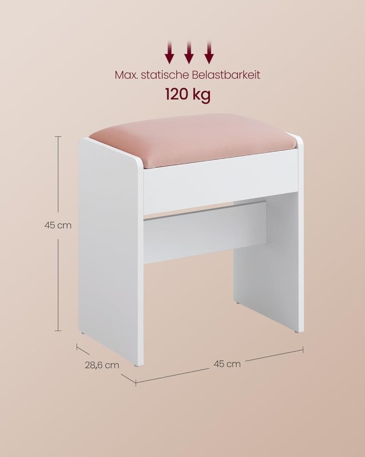 VASAGLE RDS001W01 Toiletbordskammel Polstret fl�jls makeupskammel med skridsikre fodpuder til omkl�dningsrum, sovev�relse, entr&eacute;, mat hvid pastelrosa