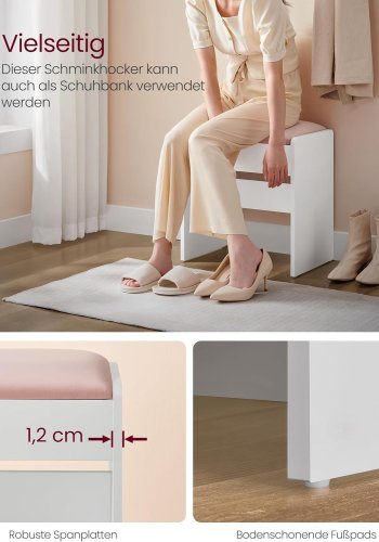 VASAGLE RDS001W01 Toiletbordskammel Polstret fl�jls makeupskammel med skridsikre fodpuder til omkl�dningsrum, sovev�relse, entr&eacute;, mat hvid pastelrosa