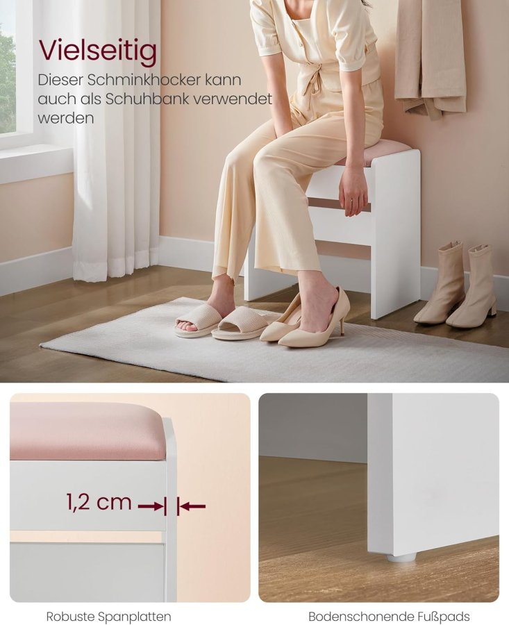 VASAGLE RDS001W01 Toiletbordskammel Polstret fl�jls makeupskammel med skridsikre fodpuder til omkl�dningsrum, sovev�relse, entr&eacute;, mat hvid pastelrosa