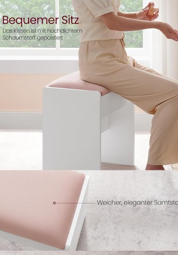 VASAGLE RDS001W01 Toiletbordskammel Polstret fl�jls makeupskammel med skridsikre fodpuder til omkl�dningsrum, sovev�relse, entr&eacute;, mat hvid pastelrosa