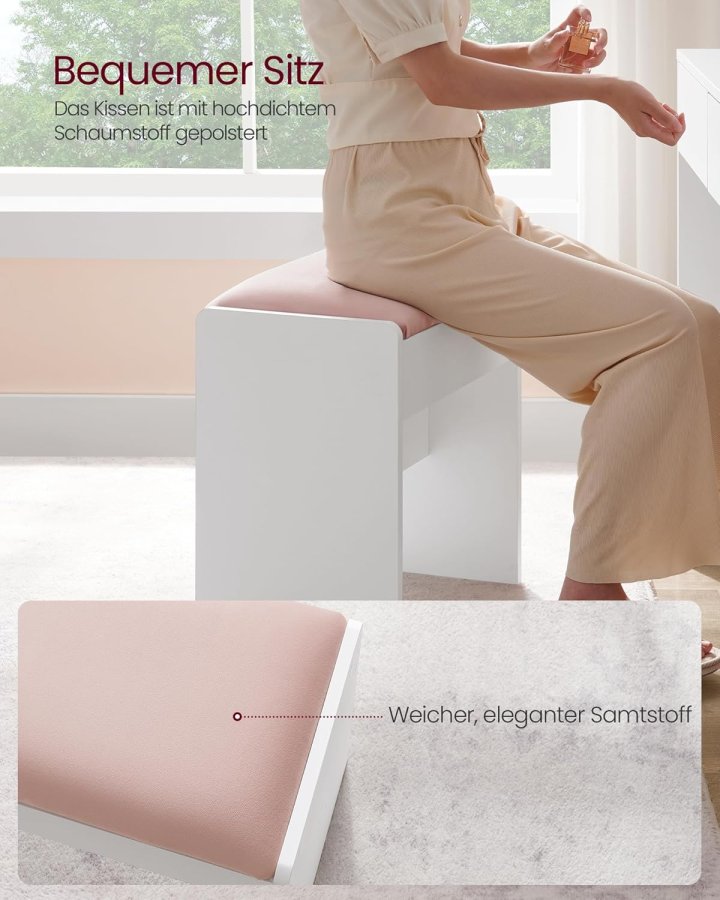 VASAGLE RDS001W01 Toiletbordskammel Polstret fl�jls makeupskammel med skridsikre fodpuder til omkl�dningsrum, sovev�relse, entr&eacute;, mat hvid pastelrosa