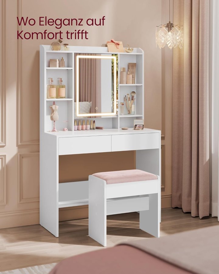 VASAGLE RDS001W01 Toiletbordskammel Polstret fl�jls makeupskammel med skridsikre fodpuder til omkl�dningsrum, sovev�relse, entr&eacute;, mat hvid pastelrosa