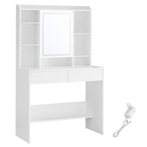 VASAGLE Toiletbord med LED-belysning, 3 farver med justerbar lysstyrke, Toiletbord med spejl til makeup, Kosmetikbord med justerbare hylder, 2 skuffer, Moderne, Hvid RDT123T14