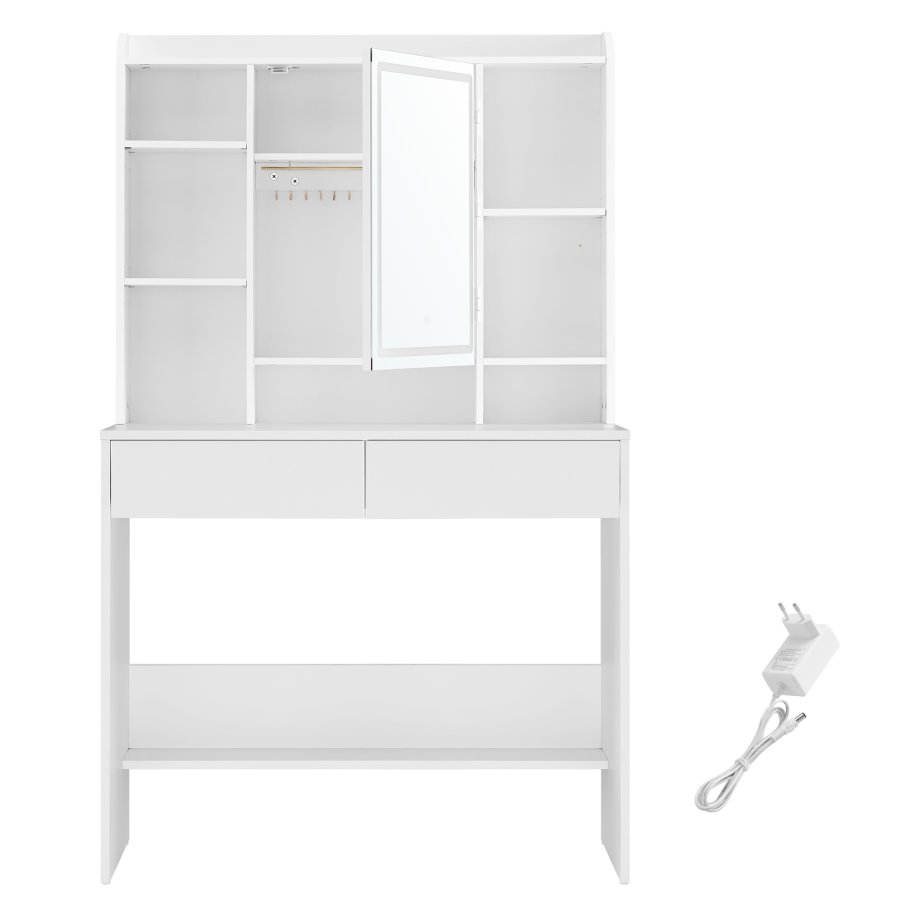 VASAGLE Toiletbord med LED-belysning, 3 farver med justerbar lysstyrke, Toiletbord med spejl til makeup, Kosmetikbord med justerbare hylder, 2 skuffer, Moderne, Hvid RDT123T14