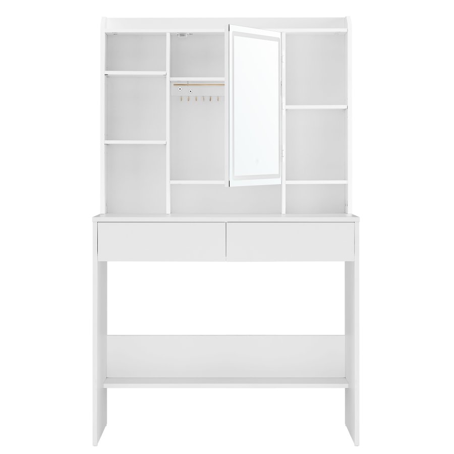 VASAGLE Toiletbord med LED-belysning, 3 farver med justerbar lysstyrke, Toiletbord med spejl til makeup, Kosmetikbord med justerbare hylder, 2 skuffer, Moderne, Hvid RDT123T14