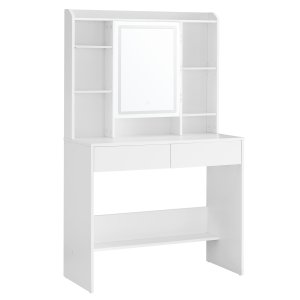 VASAGLE RDT123T14 makeupbord, m. spejll�ge, LED-belysning, 3 farver med justerbar lysstyrke, 6 hylder, 2 skuffer - spejlglas og hvid sp�nplade (90x40)