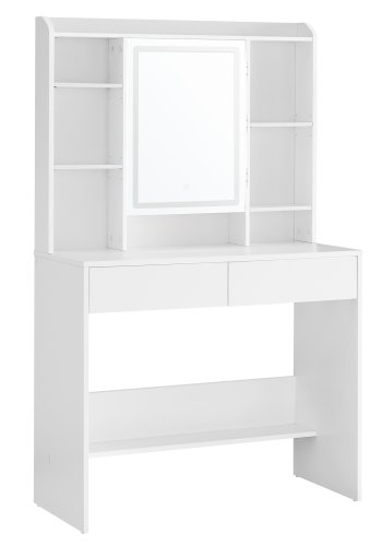 VASAGLE Toiletbord med LED-belysning, 3 farver med justerbar lysstyrke, Toiletbord med spejl til makeup, Kosmetikbord med justerbare hylder, 2 skuffer, Moderne, Hvid RDT123T14