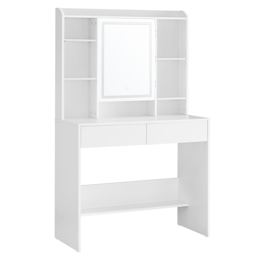 VASAGLE Toiletbord med LED-belysning, 3 farver med justerbar lysstyrke, Toiletbord med spejl til makeup, Kosmetikbord med justerbare hylder, 2 skuffer, Moderne, Hvid RDT123T14