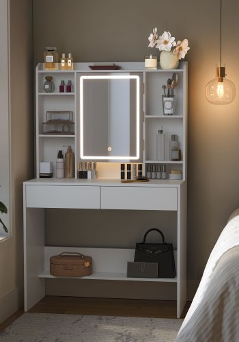 VASAGLE Toiletbord med LED-belysning, 3 farver med justerbar lysstyrke, Toiletbord med spejl til makeup, Kosmetikbord med justerbare hylder, 2 skuffer, Moderne, Hvid RDT123T14