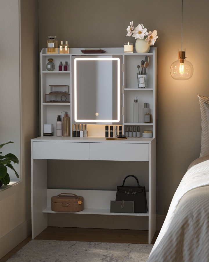 VASAGLE Toiletbord med LED-belysning, 3 farver med justerbar lysstyrke, Toiletbord med spejl til makeup, Kosmetikbord med justerbare hylder, 2 skuffer, Moderne, Hvid RDT123T14