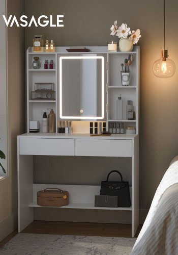 VASAGLE Toiletbord med LED-belysning, 3 farver med justerbar lysstyrke, Toiletbord med spejl til makeup, Kosmetikbord med justerbare hylder, 2 skuffer, Moderne, Hvid RDT123T14