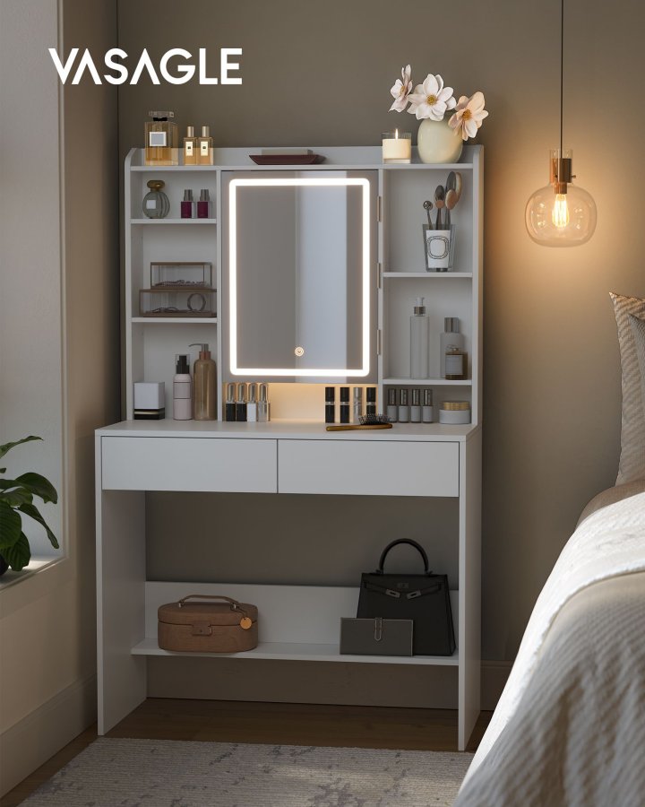 VASAGLE Toiletbord med LED-belysning, 3 farver med justerbar lysstyrke, Toiletbord med spejl til makeup, Kosmetikbord med justerbare hylder, 2 skuffer, Moderne, Hvid RDT123T14