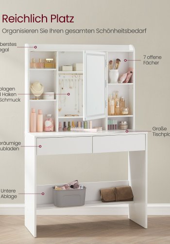 VASAGLE Toiletbord med LED-belysning, 3 farver med justerbar lysstyrke, Toiletbord med spejl til makeup, Kosmetikbord med justerbare hylder, 2 skuffer, Moderne, Hvid RDT123T14