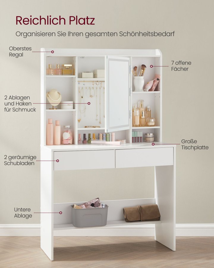 VASAGLE Toiletbord med LED-belysning, 3 farver med justerbar lysstyrke, Toiletbord med spejl til makeup, Kosmetikbord med justerbare hylder, 2 skuffer, Moderne, Hvid RDT123T14