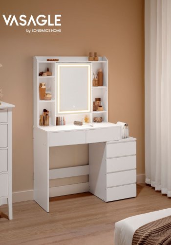 VASAGLE RDT124W01 makeupbord, m. justerbar LED-lys, spejl, 5 hylder, 6 skuffer - spejlglas og hvid sp�nplade (98,3x40)