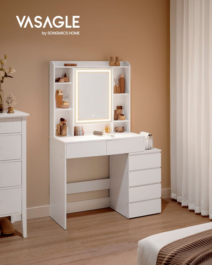 VASAGLE RDT124W01 makeupbord, m. justerbar LED-lys, spejl, 5 hylder, 6 skuffer - spejlglas og hvid sp�nplade (98,3x40)