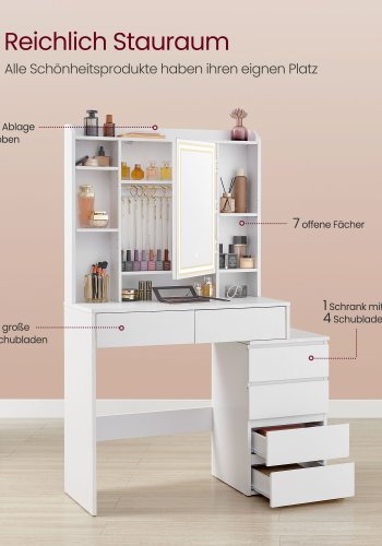 VASAGLE RDT124W01 makeupbord, m. justerbar LED-lys, spejl, 5 hylder, 6 skuffer - spejlglas og hvid sp�nplade (98,3x40)