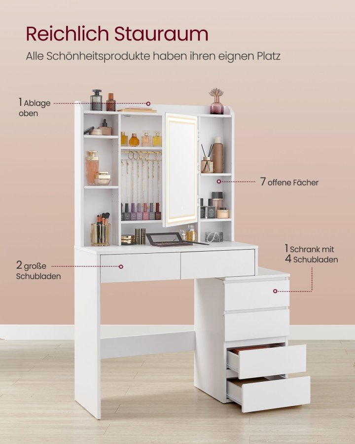 VASAGLE RDT124W01 makeupbord, m. justerbar LED-lys, spejl, 5 hylder, 6 skuffer - spejlglas og hvid sp�nplade (98,3x40)