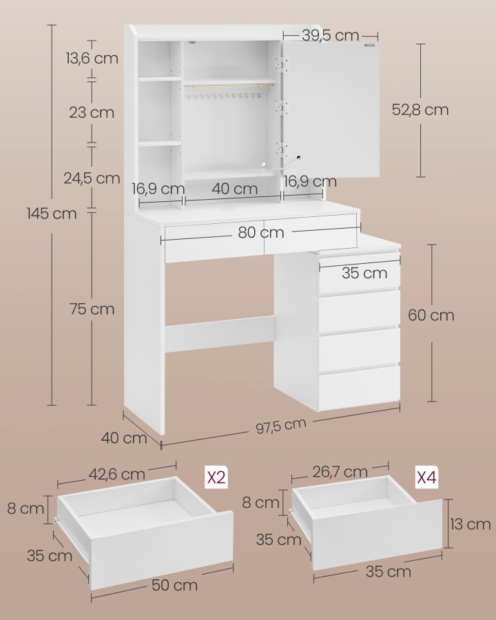 VASAGLE RDT124W01 makeupbord, m. justerbar LED-lys, spejl, 5 hylder, 6 skuffer - spejlglas og hvid sp�nplade (98,3x40)