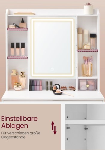 VASAGLE RDT124W01 makeupbord, m. justerbar LED-lys, spejl, 5 hylder, 6 skuffer - spejlglas og hvid sp�nplade (98,3x40)