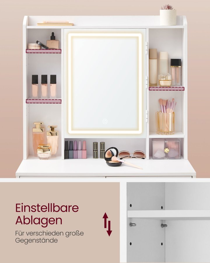 VASAGLE RDT124W01 makeupbord, m. justerbar LED-lys, spejl, 5 hylder, 6 skuffer - spejlglas og hvid sp�nplade (98,3x40)