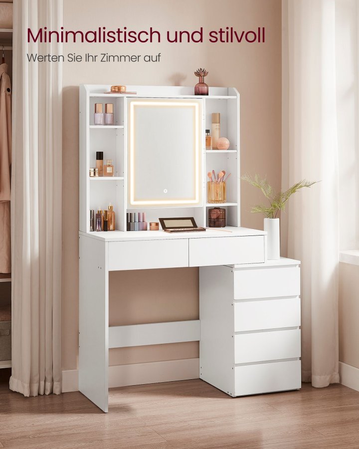 VASAGLE RDT124W01 makeupbord, m. justerbar LED-lys, spejl, 5 hylder, 6 skuffer - spejlglas og hvid sp�nplade (98,3x40)