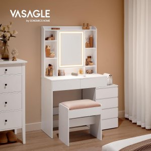 VASAGLE LED-belysningssminkebord med spejl, skuffer, �bne rum, justerbare hylder, skammel, justerbar lysstyrke, moderne, Cloud White RDT125W01