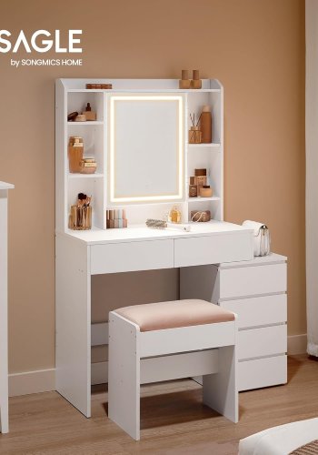 VASAGLE RDT125W01 makeup bord og skammel, m. spejl, justerbar LED lys, 6 hylder, 6 skuffer - spejlglas og hvid sp�nplade (98,3x40) (s�t med 2)