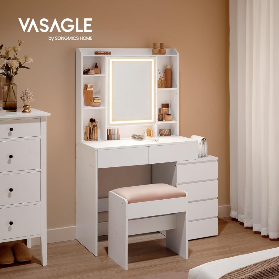 VASAGLE LED-belysningssminkebord med spejl, skuffer, �bne rum, justerbare hylder, skammel, justerbar lysstyrke, moderne, Cloud White RDT125W01