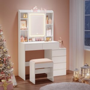 VASAGLE LED-belyst sminkbord med spegel, l�dor, �ppna fack, justerbara hyllor, pall, justerbar ljusstyrka, modern, Cloud White RDT125W01