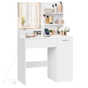VASAGLE Kailyn Collection toiletbord med LED-spejl og str�mskinne, kosmetikbord, skuffe og �bne hylder, garderobe med 2 justerbare hylder, hvid RDT138W01