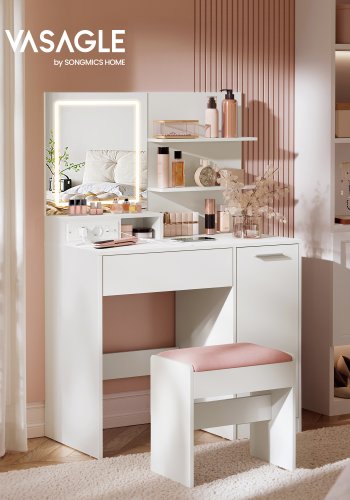 VASAGLE Kailyn Collection sminkebord med LED-speil og str�mskinne, sminkebord, skuff og �pne hyller, garderobe med 2 justerbare hyller, hvit RDT138W01