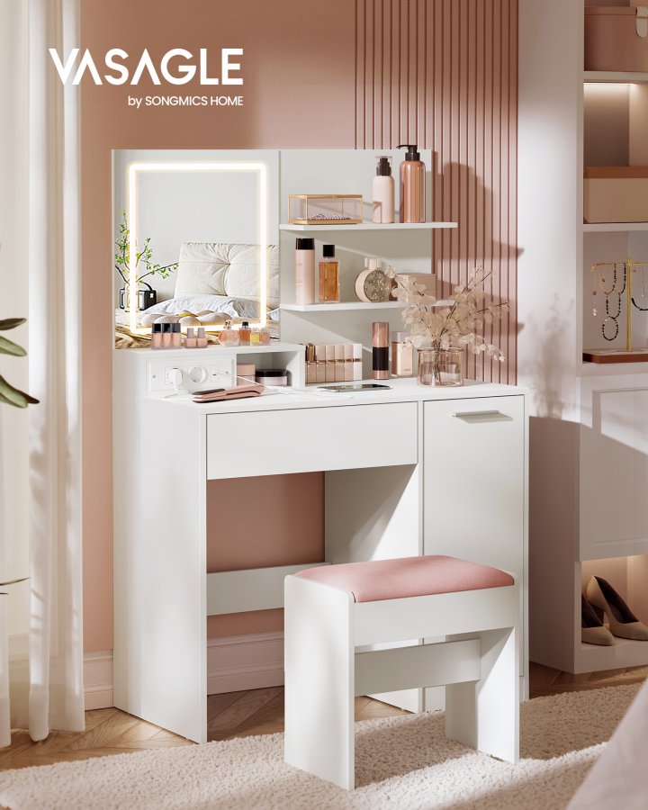 VASAGLE Kailyn Collection toiletbord med LED-spejl og str�mskinne, kosmetikbord, skuffe og �bne hylder, garderobe med 2 justerbare hylder, hvid RDT138W01
