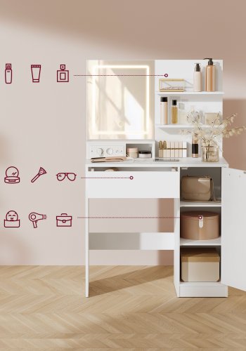VASAGLE Kailyn Collection toiletbord med LED-spejl og str�mskinne, kosmetikbord, skuffe og �bne hylder, garderobe med 2 justerbare hylder, hvid RDT138W01