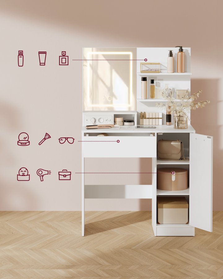 VASAGLE Kailyn Collection toiletbord med LED-spejl og str�mskinne, kosmetikbord, skuffe og �bne hylder, garderobe med 2 justerbare hylder, hvid RDT138W01