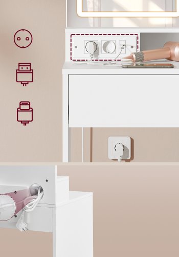 VASAGLE Kailyn Collection toiletbord med LED-spejl og str�mskinne, kosmetikbord, skuffe og �bne hylder, garderobe med 2 justerbare hylder, hvid RDT138W01