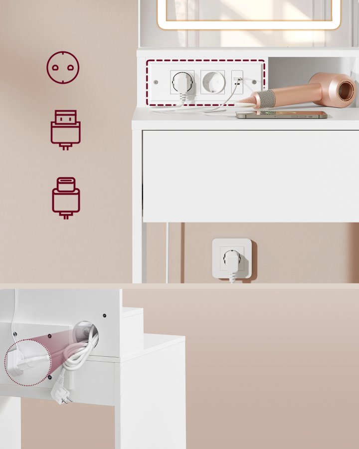 VASAGLE Kailyn Collection toiletbord med LED-spejl og str�mskinne, kosmetikbord, skuffe og �bne hylder, garderobe med 2 justerbare hylder, hvid RDT138W01