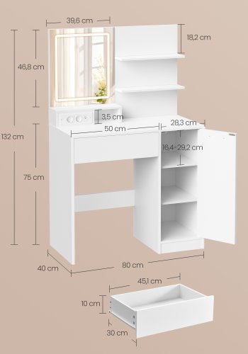 VASAGLE Kailyn Collection toiletbord med LED-spejl og str�mskinne, kosmetikbord, skuffe og �bne hylder, garderobe med 2 justerbare hylder, hvid RDT138W01