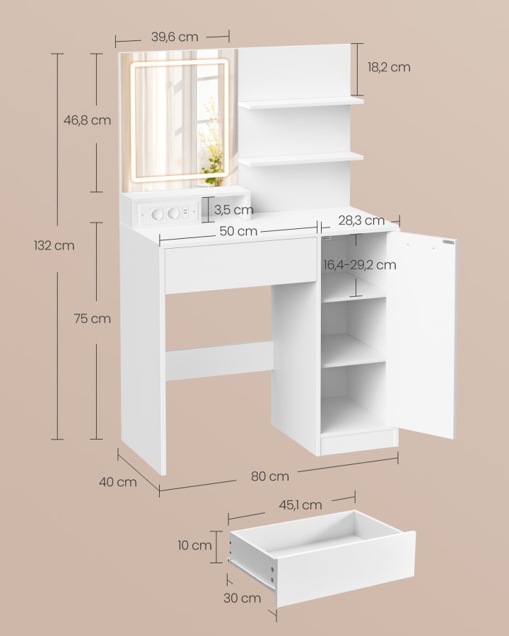VASAGLE Kailyn Collection toiletbord med LED-spejl og str�mskinne, kosmetikbord, skuffe og �bne hylder, garderobe med 2 justerbare hylder, hvid RDT138W01