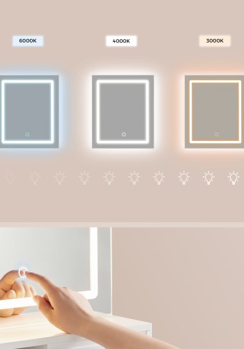 VASAGLE Kailyn Collection toiletbord med LED-spejl og str�mskinne, kosmetikbord, skuffe og �bne hylder, garderobe med 2 justerbare hylder, hvid RDT138W01
