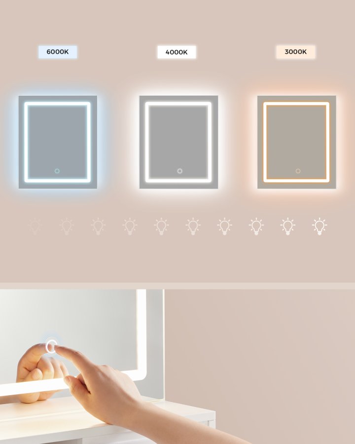 VASAGLE Kailyn Collection toiletbord med LED-spejl og str�mskinne, kosmetikbord, skuffe og �bne hylder, garderobe med 2 justerbare hylder, hvid RDT138W01