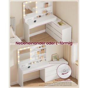 VASAGLE Kailyn RDT140WB01 Toiletbord med spejl og LED-belysning, Toiletbord 9 p�rer, 8 skuffer, 3 hylder, 3 lysfarver, lige eller L-formet, Cloud White
