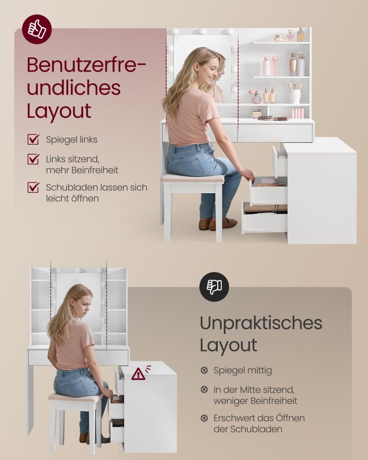 VASAGLE Kailyn RDT140WB01 Toiletbord med spejl og LED-belysning, Toiletbord 9 p�rer, 8 skuffer, 3 hylder, 3 lysfarver, lige eller L-formet, Cloud White