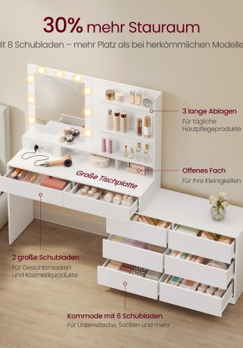 VASAGLE Kailyn RDT140WB01 Toiletbord med spejl og LED-belysning, Toiletbord 9 p�rer, 8 skuffer, 3 hylder, 3 lysfarver, lige eller L-formet, Cloud White