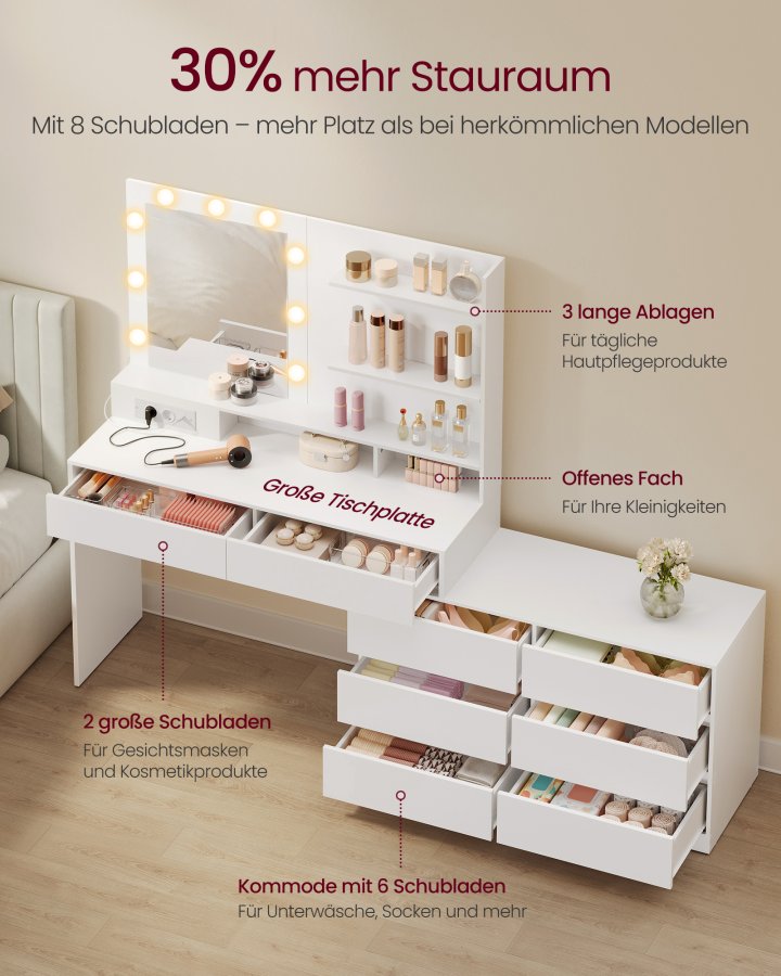 VASAGLE Kailyn RDT140WB01 Toiletbord med spejl og LED-belysning, Toiletbord 9 p�rer, 8 skuffer, 3 hylder, 3 lysfarver, lige eller L-formet, Cloud White