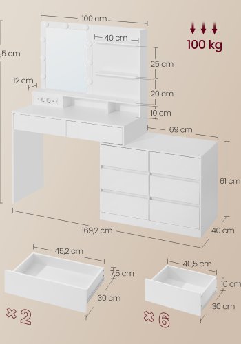 VASAGLE Kailyn RDT140WB01 Toiletbord med spejl og LED-belysning, Toiletbord 9 p�rer, 8 skuffer, 3 hylder, 3 lysfarver, lige eller L-formet, Cloud White