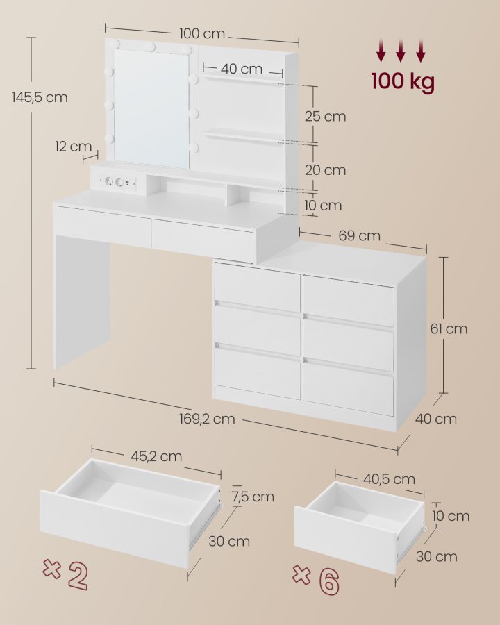VASAGLE Kailyn RDT140WB01 Toiletbord med spejl og LED-belysning, Toiletbord 9 p�rer, 8 skuffer, 3 hylder, 3 lysfarver, lige eller L-formet, Cloud White