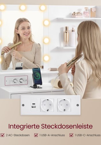 VASAGLE Kailyn RDT140WB01 Toiletbord med spejl og LED-belysning, Toiletbord 9 p�rer, 8 skuffer, 3 hylder, 3 lysfarver, lige eller L-formet, Cloud White