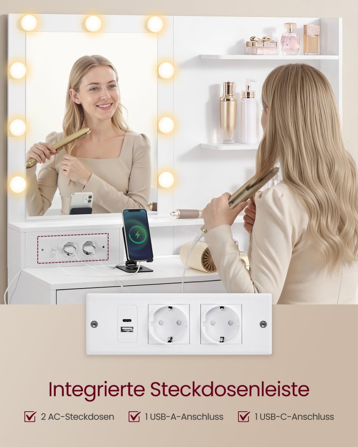 VASAGLE Kailyn RDT140WB01 Toiletbord med spejl og LED-belysning, Toiletbord 9 p�rer, 8 skuffer, 3 hylder, 3 lysfarver, lige eller L-formet, Cloud White