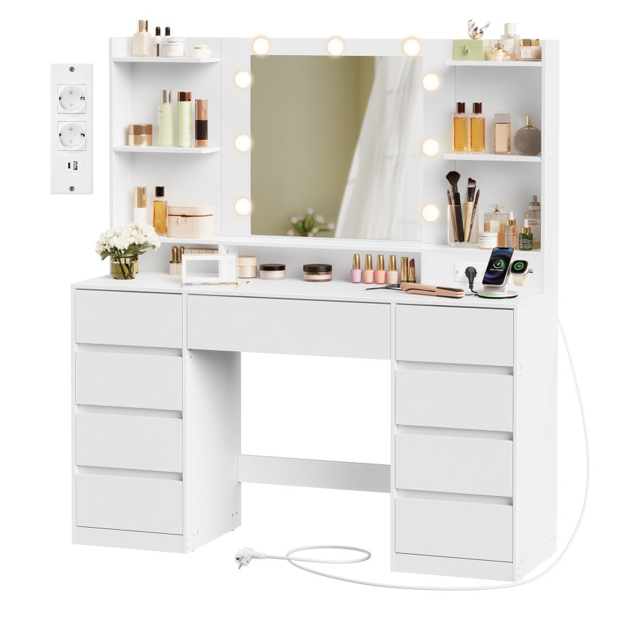 VASAGLE KAILYN Kollektion - Toiletbord med LED-spejl, Vanity-skrivebord med stikkontakter, 9 skuffer, 9 d�mpbare p�rer, 3 lysfarver, v�rkt�jsfri glideskinnemontering, Cloud White RDT141WB03